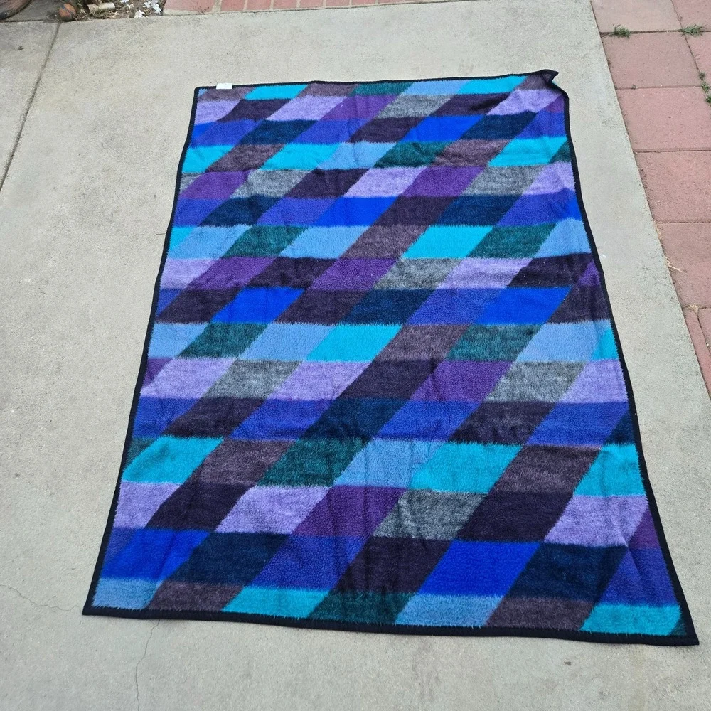 Vtg Biederlack Purple Blue Teal Plaid Checkered Fleece Blanket USA